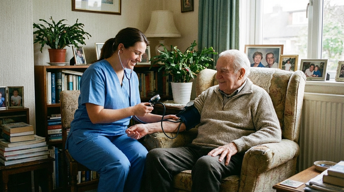 Pflegekraft misst den Blutdruck eines Senioren im Sessel