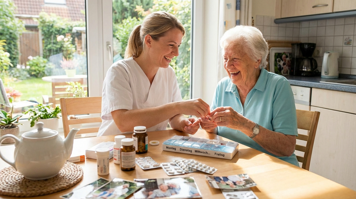 Pflegekraft und Seniorin sortieren gemeinsam Medikamente in eine Tablettenbox