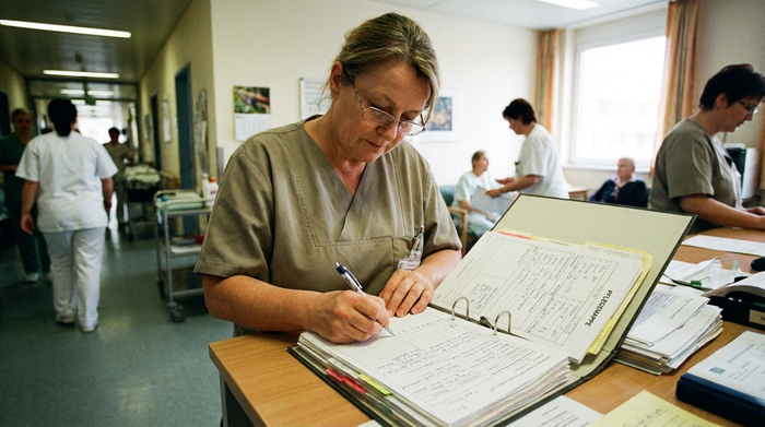 Pflegekraft notiert sorgfältig Daten in einer Pflegemappe auf dem Tisch