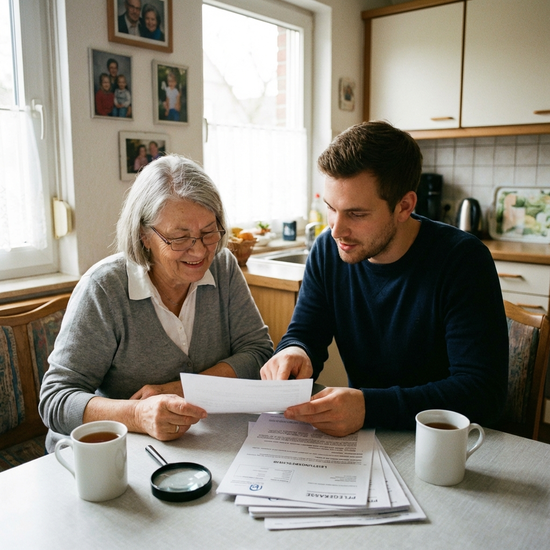Angehörige und Senior betrachten gemeinsam Dokumente der Pflegekasse