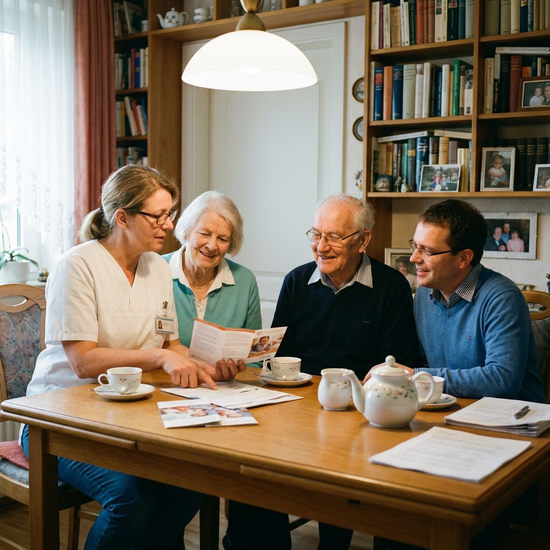 Pflegekraft erklärt Angehörigen geduldig die verschiedenen Pflegeleistungen