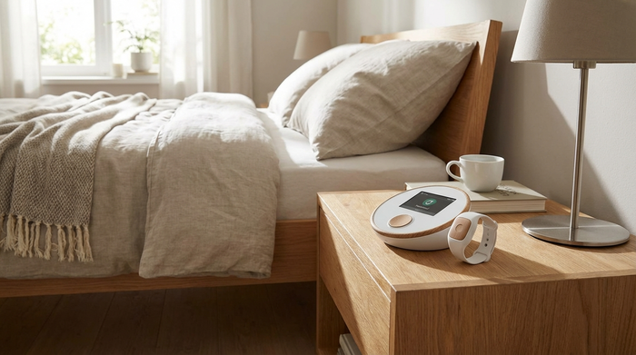 Modernes Hausnotruf-Gerät auf einem Nachttisch neben dem Bett
