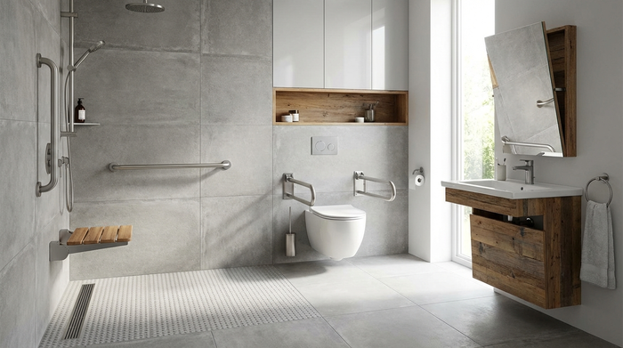 Modernes, barrierefreies Badezimmer mit ebenerdiger Dusche und Haltegriffen
