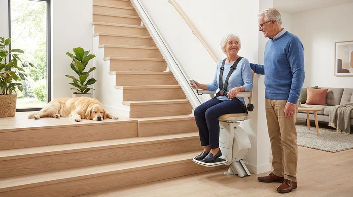 Sicherer Treppenlift an einer hellen Holztreppe im Einfamilienhaus