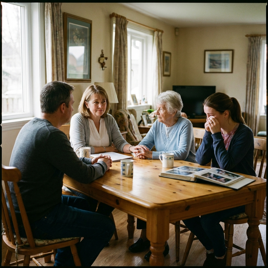 Pflegedienstleitung im empathischen Beratungsgespräch mit einer Familie am Esstisch