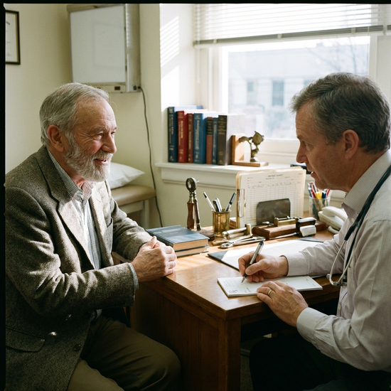 Älterer Herr im Gespräch mit seinem Arzt im Behandlungszimmer, der Arzt stellt ein Rezept aus