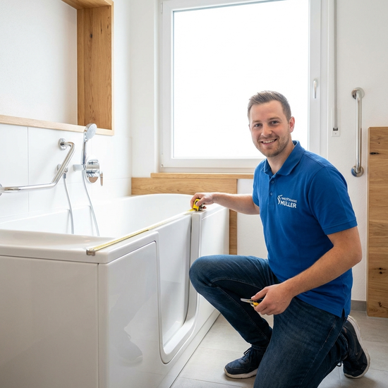 Mitarbeiter eines Sanitätshauses misst mit einem Maßband eine Badewanne in einem hellen Badezimmer aus