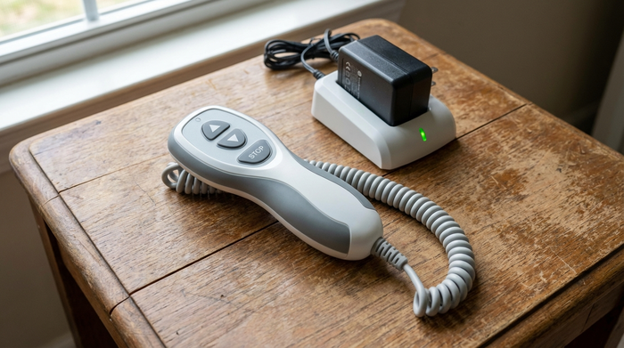 Handbedienung eines Badewannenlifts liegt auf einem trockenen Tisch neben einer Ladestation