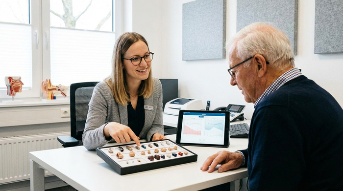 Freundliche Hörakustikerin berät älteren Herrn am Schreibtisch und zeigt verschiedene Hörgeräte-Modelle