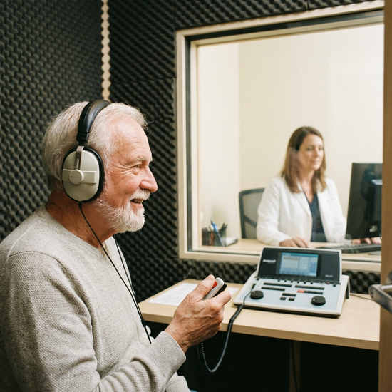 Älterer Herr mit Kopfhörern in schallgeschützter Kabine beim Hörtest