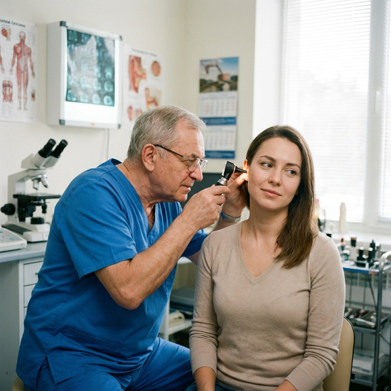 Hals-Nasen-Ohren-Arzt untersucht das Ohr einer Patientin mit einem Otoskop
