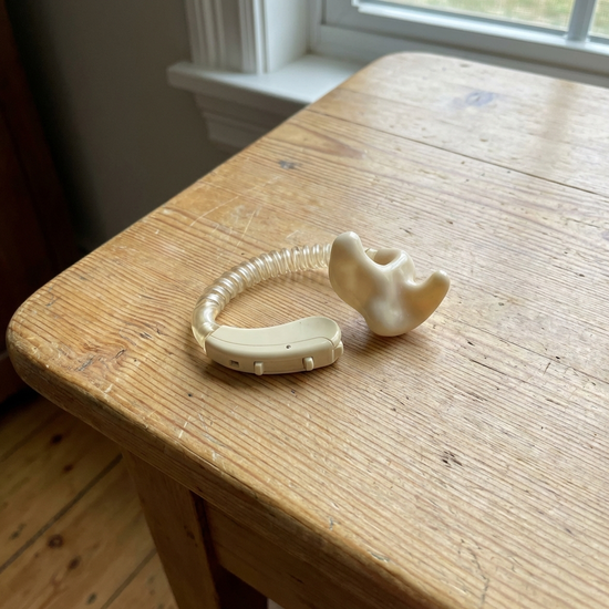 Klassisches Hinter-dem-Ohr-Hörgerät liegt auf einem hellen Holztisch