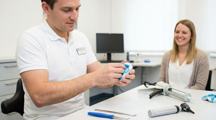 Hörakustiker bereitet weiche Silikonmasse für einen Ohrabdruck vor