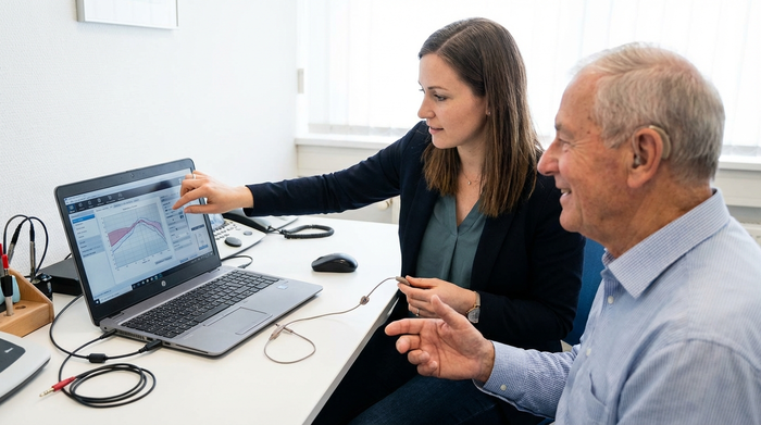 Hörgerät ist per Kabel mit einem Computer verbunden und wird feinjustiert