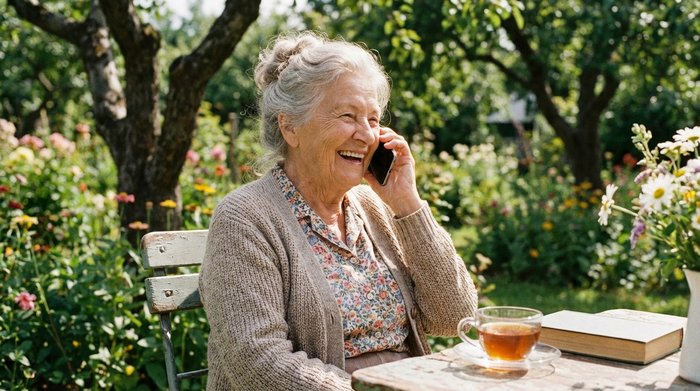 Ältere Dame telefoniert glücklich und entspannt mit ihrem Smartphone