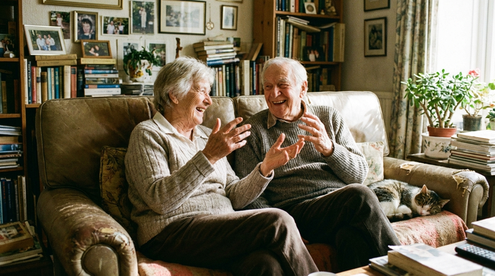 Älteres Ehepaar sitzt glücklich zusammen auf dem Sofa und unterhält sich lebhaft