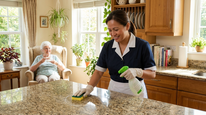 Professionelle Haushaltshilfe reinigt gründlich und mit einem Lächeln die Küchenarbeitsplatte, während eine Seniorin im Hintergrund entspannt Tee trinkt