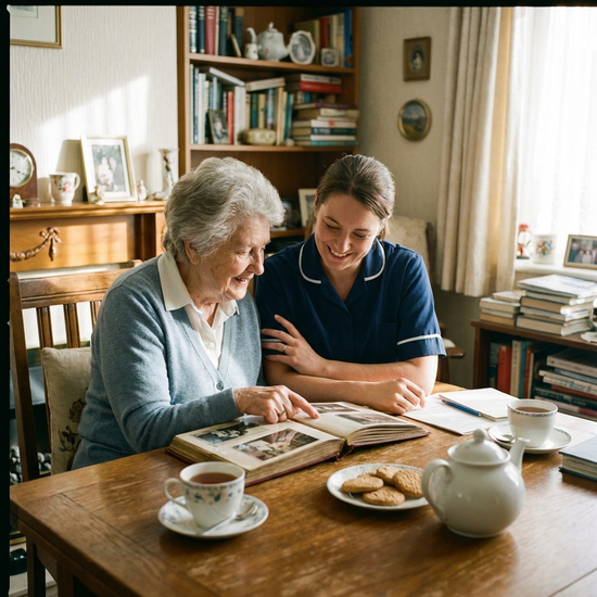 Betreuungskraft und Seniorin betrachten gemeinsam alte Fotos in einem Fotoalbum am Wohnzimmertisch