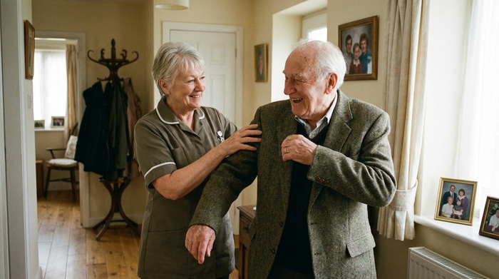 Pflegerin hilft einem älteren Herrn freundlich beim Anziehen einer Jacke im Flur