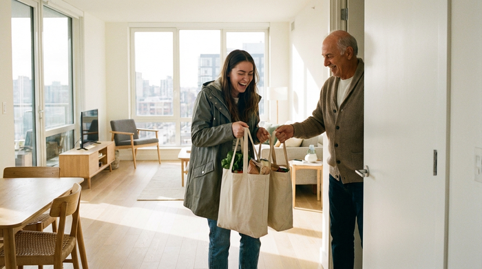 Junge Frau trägt schwere Einkaufstaschen für einen lächelnden Senior in die helle Wohnung