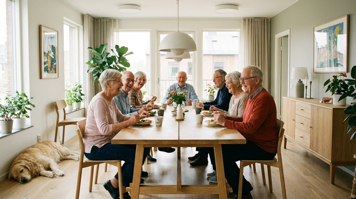 Fröhliche Seniorenrunde beim gemeinsamen Mittagessen in einer hellen und modernen Tagespflege-Einrichtung