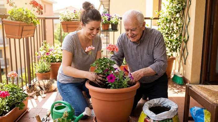 Nachbarin und Senior pflanzen gemeinsam frische Blumen in einen Blumentopf auf dem sonnigen Balkon