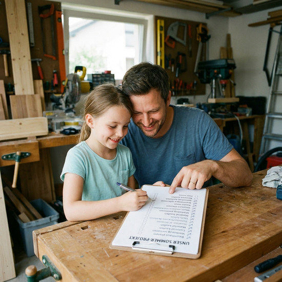 Tochter und Vater haken gemeinsam systematisch Punkte auf einer Checkliste auf einem Klemmbrett ab