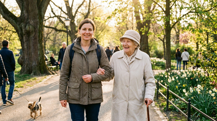 Freundliche Alltagshilfe und Seniorin beim gemeinsamen Spaziergang im sonnigen Park
