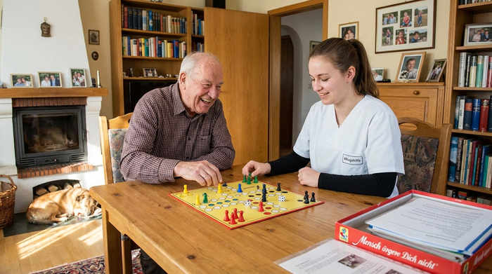 Alltagshilfe und Senior spielen gemeinsam ein Brettspiel am Wohnzimmertisch