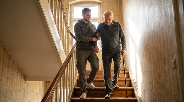 Alltagshilfe begleitet älteren Herrn sicher beim Treppensteigen