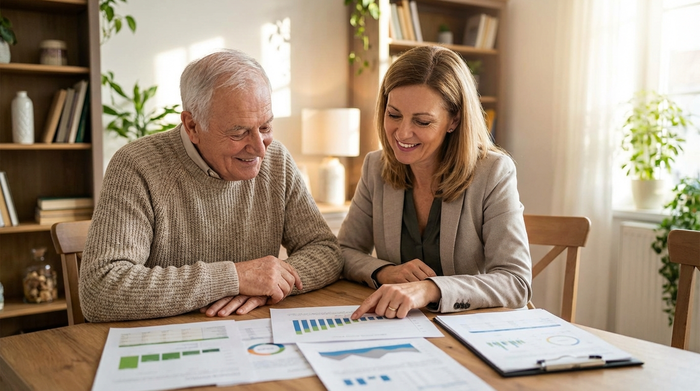 Senior und Beraterin sitzen am Tisch und schauen gemeinsam zufrieden auf Dokumente