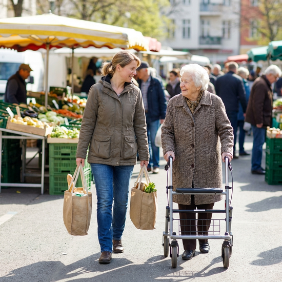 Alltagshilfe hilft Seniorin beim Tragen der Einkaufstaschen