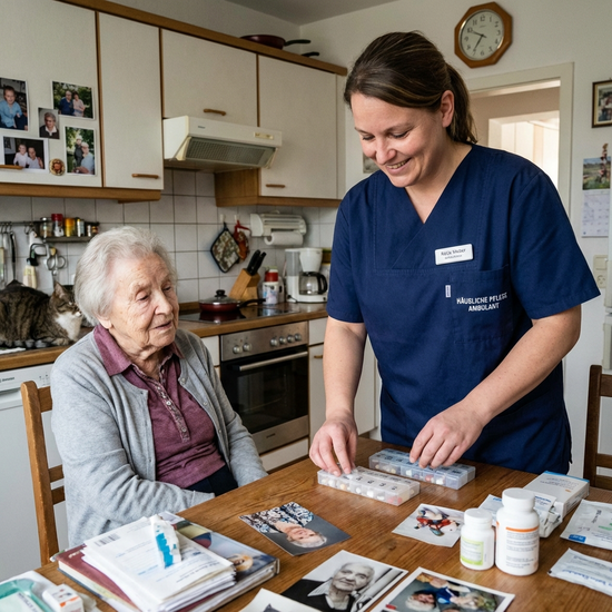 Ambulante Pflegekraft in Dienstkleidung beim Richten von Medikamenten