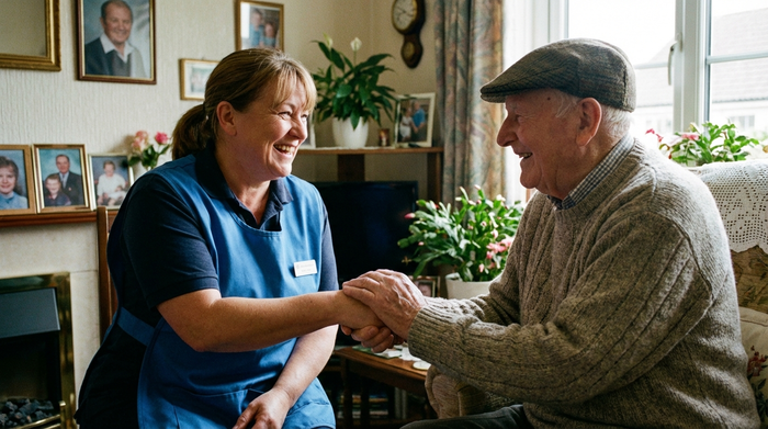Vertrauensvoller Händedruck zwischen einer lächelnden Alltagshilfe und einem Senior