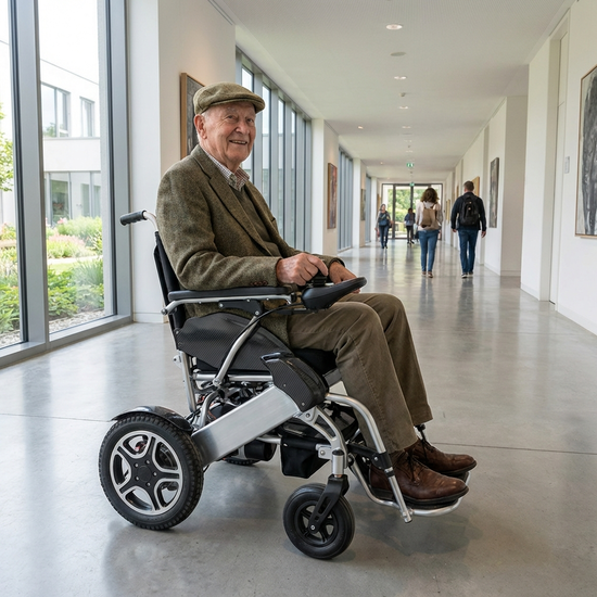 Älterer Herr steuert selbstständig einen modernen Elektrorollstuhl durch einen hellen, breiten Flur