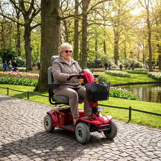 Seniorin fährt entspannt mit einem roten Elektromobil auf einem gepflasterten Weg im Park