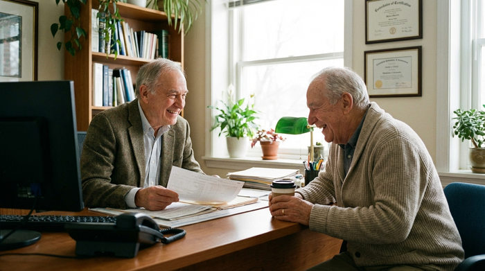 Freundlicher Arzt bespricht medizinische Unterlagen mit einem Senior am Schreibtisch