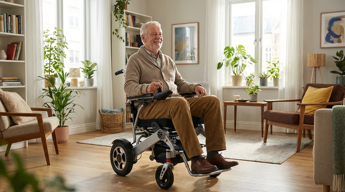 Senior testet entspannt einen Elektrorollstuhl im eigenen hellen Wohnzimmer