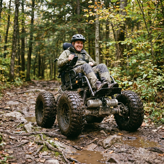 Robuster Elektrorollstuhl mit dicken Profilreifen auf einem unebenen Waldweg
