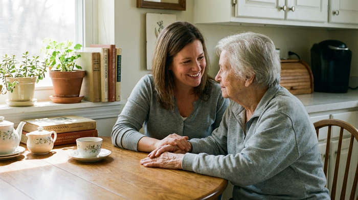 Einfühlsame Pflegekraft sitzt gemeinsam mit einer älteren Frau am Küchentisch und hält beruhigend ihre Hand