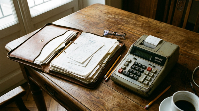 Ordner mit Dokumenten und ein Taschenrechner auf einem Holztisch