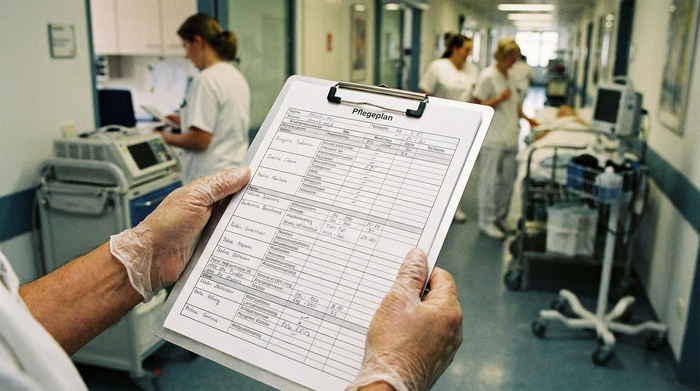 Zwei Hände, die ein Klemmbrett mit einem Pflegeplan halten