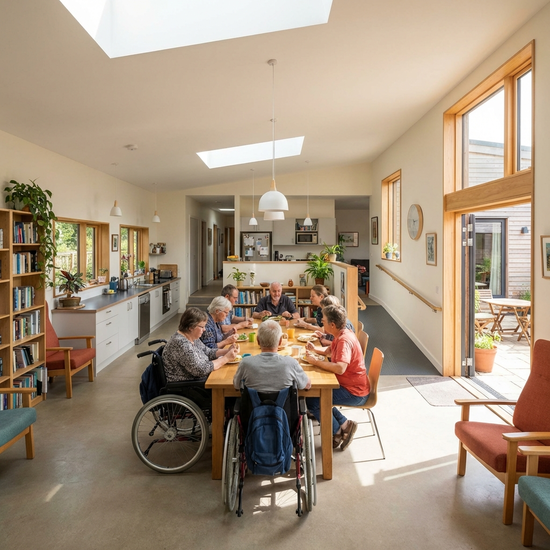 Gemeinschaftlicher, heller Wohnbereich einer barrierefreien Wohngemeinschaft mit Esstisch