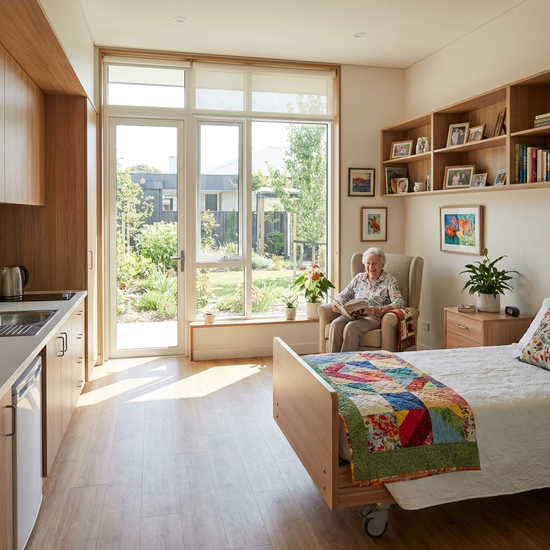 Modernes, freundliches Zimmer in einer Pflegeeinrichtung mit persönlicher Dekoration