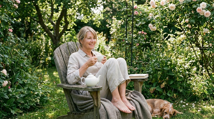 Angehörige entspannt sich bei einer Tasse Tee im Garten