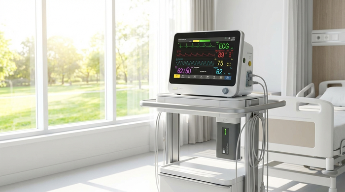 Modernes medizinisches Überwachungsgerät auf einem Rollwagen neben einem hellen Fenster