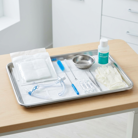 Sauberes Tracheostoma-Pflegeset auf einem Tablett