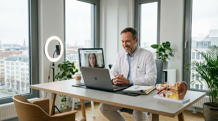 Arzt im weißen Kittel bei einer Videosprechstunde am Laptop in einer modernen Praxis