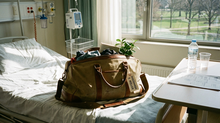 Gepackte Tasche auf einem Krankenhausbett