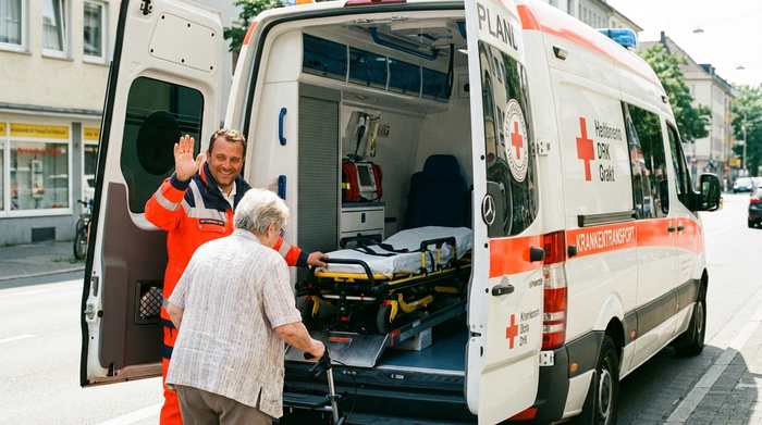 Freundlicher Sanitäter an der geöffneten Tür eines Krankentransportwagens